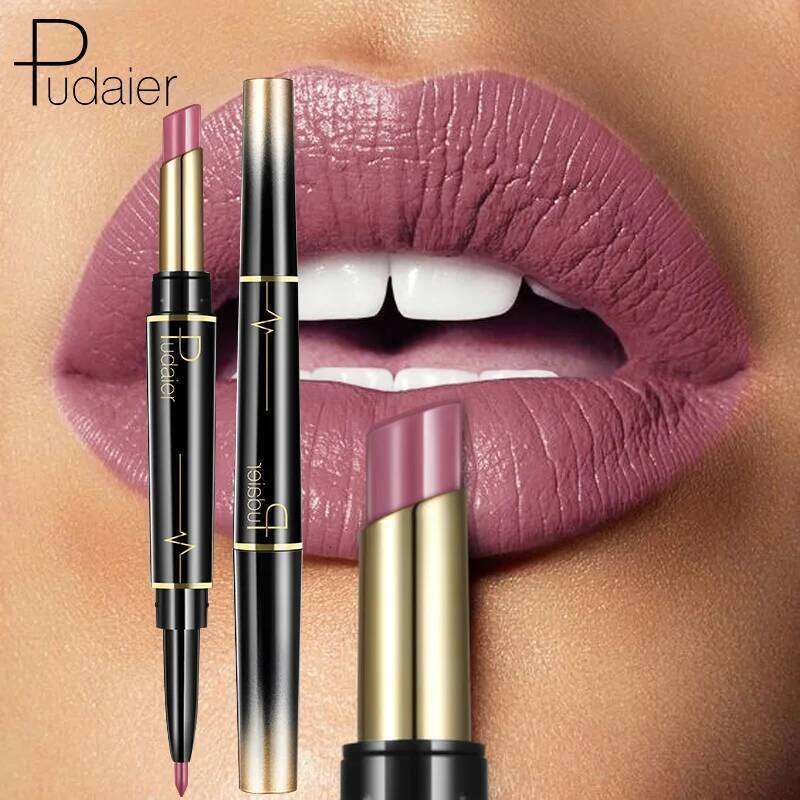 Pudaier Makeup 2 in 1 Matte Lipstick & Liner Nude Stick Pencil Make up Cosmetics Lip Balm Matt Cream Lipbalm Lipliner W260311