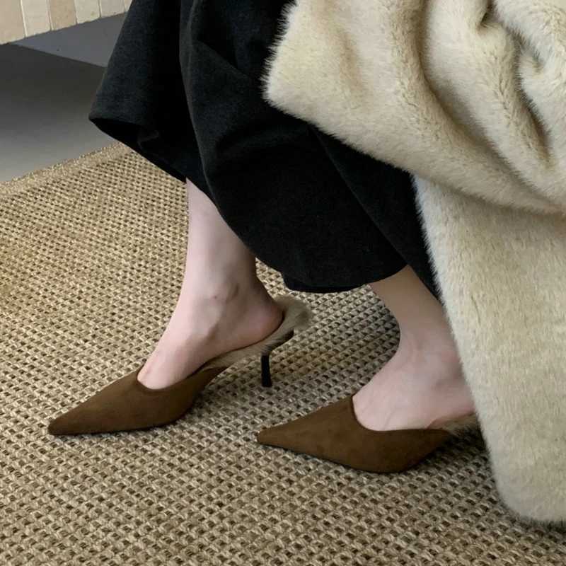 SUOJIALUN 2025 Winter New Women Slipper Fashion Warm Plush Ladies Elegant Slip On Mules Thin High Heel Dress Pumps Shoes K260312