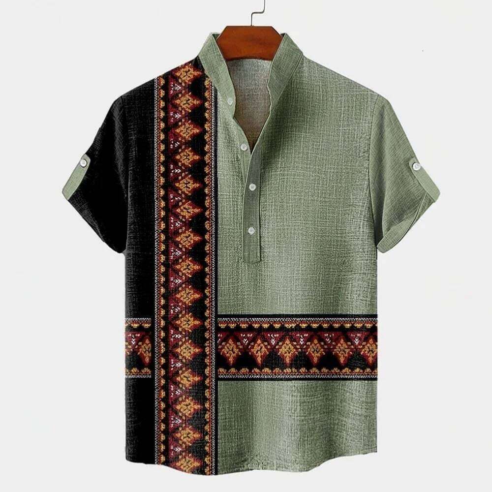 Retro linen men's short sleeved shirt, fashionable trend, loose top, street outdoor, casual and comfortable