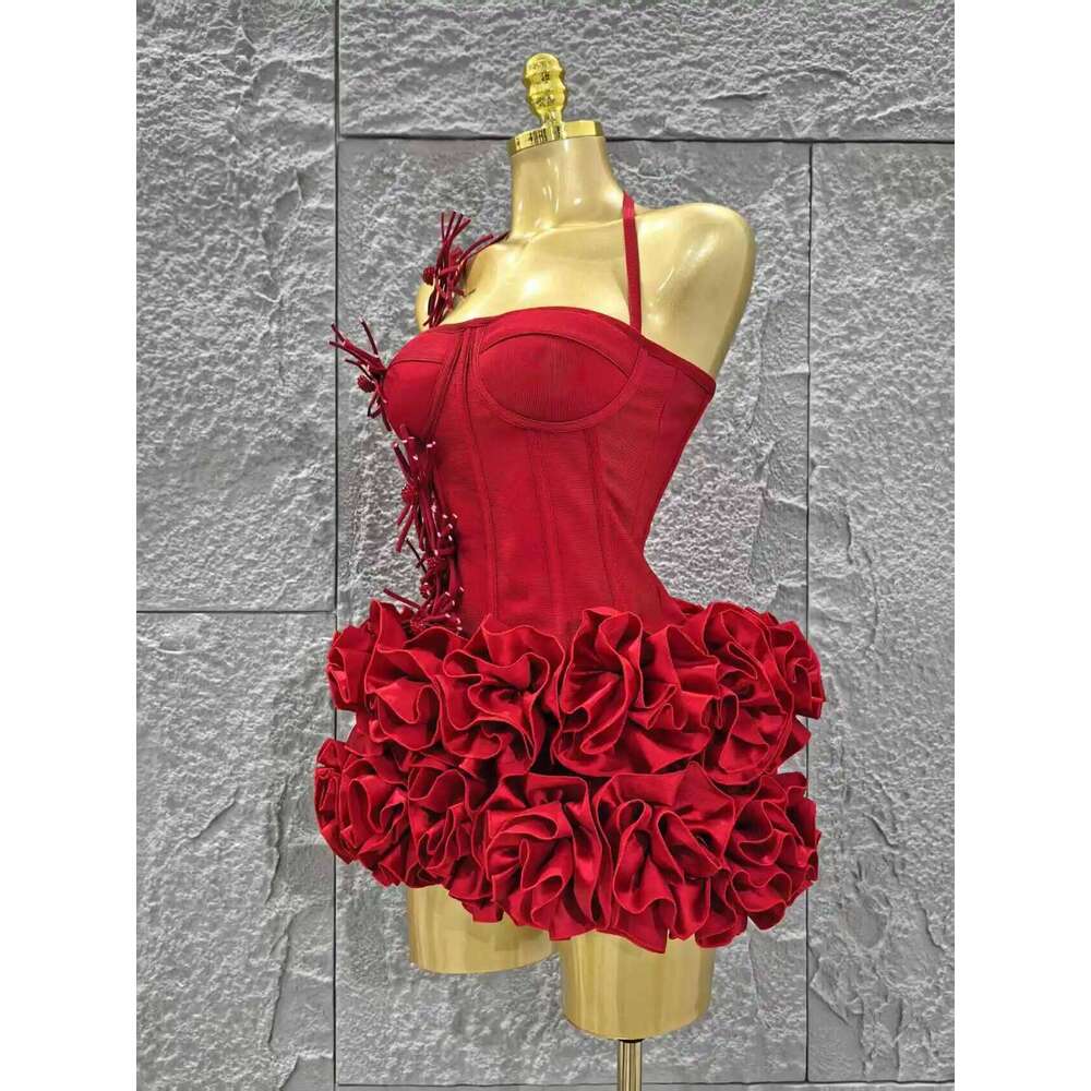 Red Color Women Sexy Halter Full Florals 2 Pieces Bodycon Mini Bandage Celebrate Nightclub Party Birthday Dress C260311
