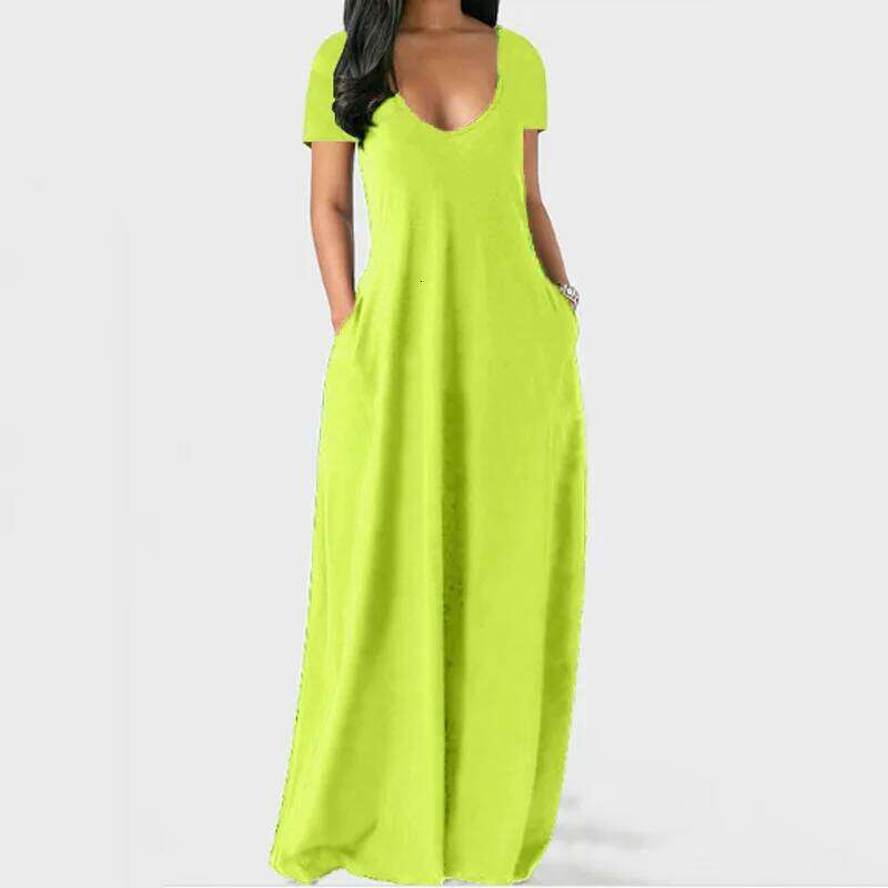 European American spring and summer women's solid color dress sexy deep V short-sleeved long skirt C260312
