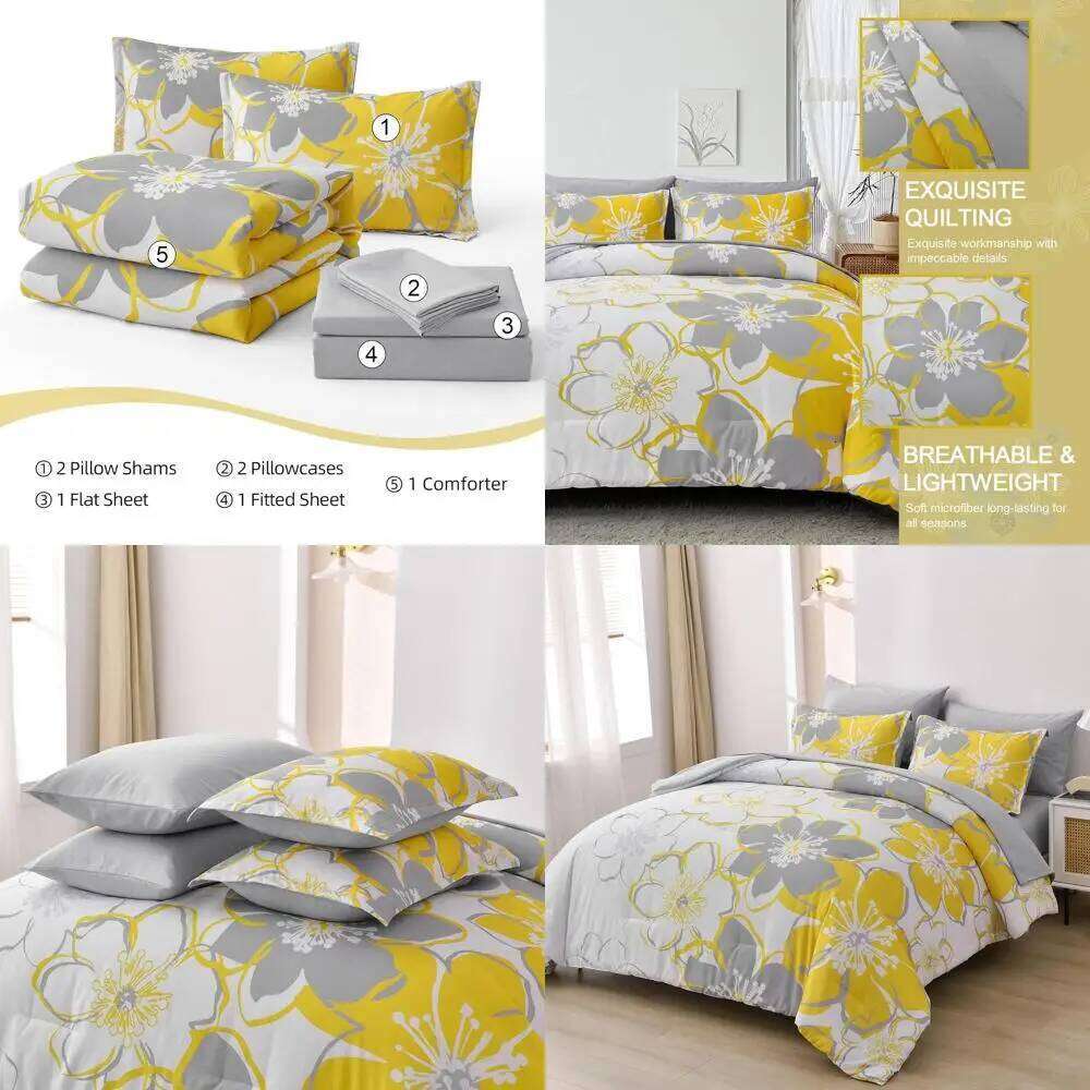 Queen Size Yellow Floral Comforter Set, Reversible in a Bag with All Season Sheets, Soft Microfiber Flower Pattern Duvet Bed