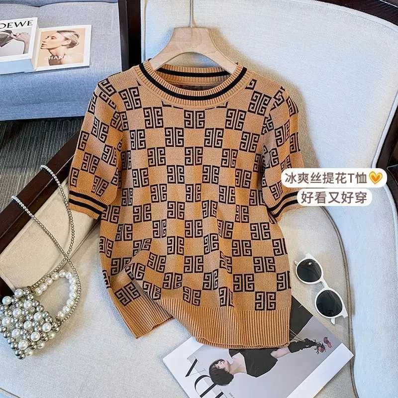 Spring Summer Fashion Geometric O-neck Short Sleeve Pullovers Ladies Temperament Vintage Knitting Printing Loose Women Top TeeT260312