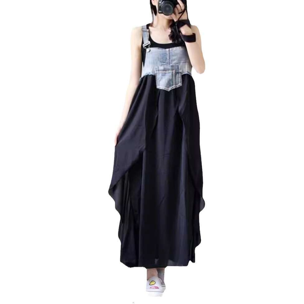 New fashion ruffled long loose-fitting European and American plus-size denim suspender skirt, large hem dress, in stock 2026