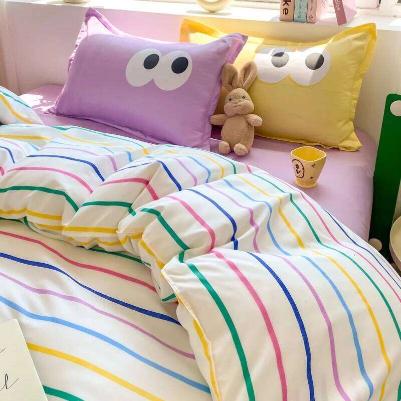 4pcs Simple Color Stripes Duvet Set Cute Green Pink Bedding Big Eye Pattern Pillowcases Comforter Cover with 1 Bed Sheet H260312
