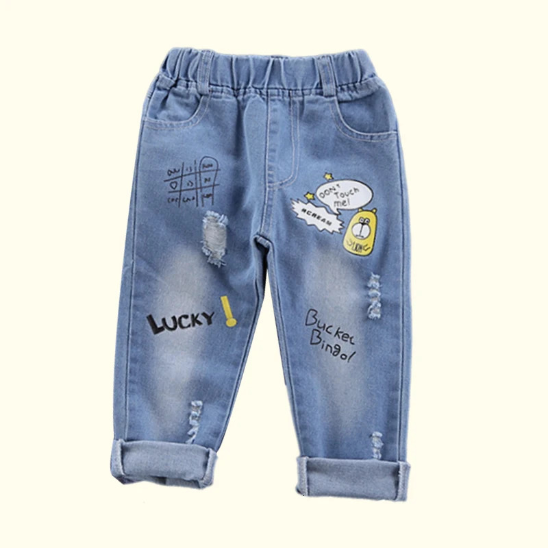 Spring Autumn Children Jeans Boys Cotton Print Splice Stretch Denim Pants Korean Teenage Trousers Wear Kids ClothingDenimRipped 260311