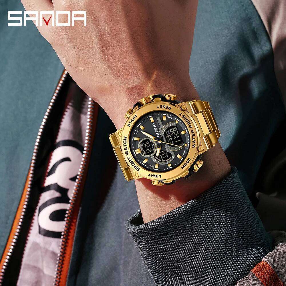 SANDA New 6175 Fashionable Sports Waterproof Dual Screen Multifunctional Men's Electronic Watch 2025