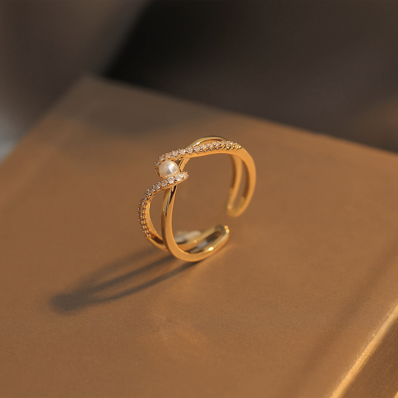 Cross-shaped faux pearl for women, unique design, index finger ring, fashionable and stylish open ring