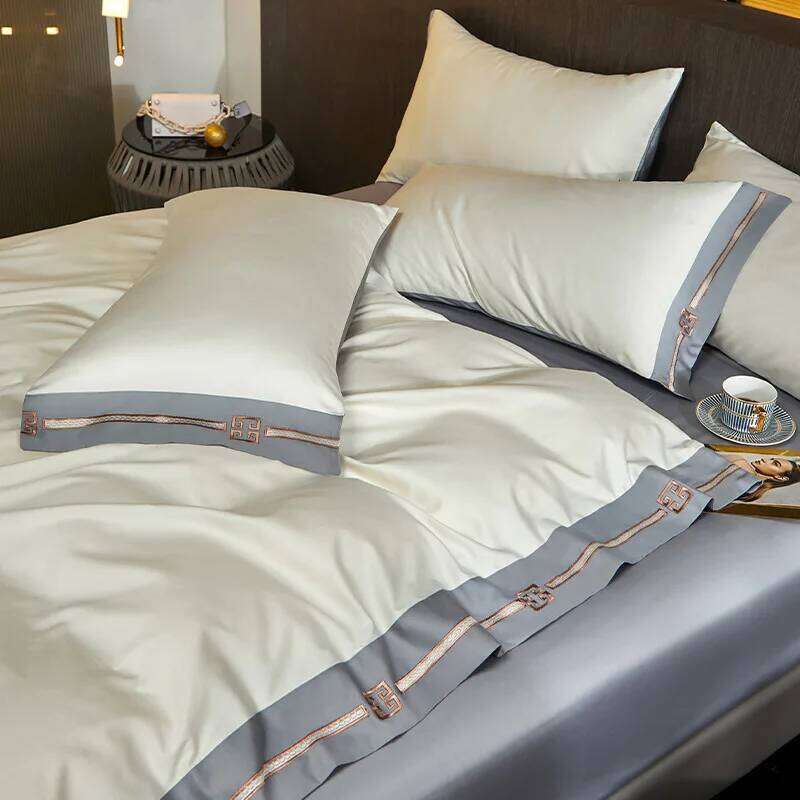 Simple solid color satin long-staple cotton four-piece hotel bed sheet bedding H260312
