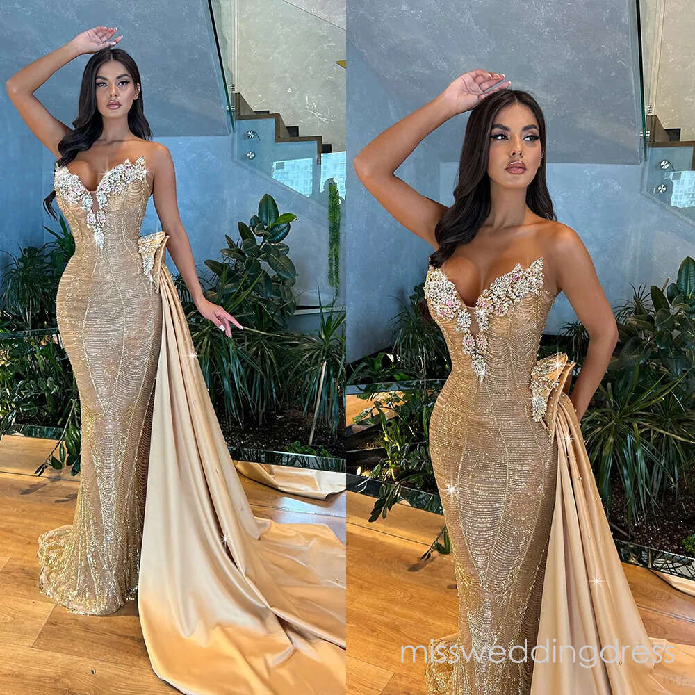 Exquisite Rhinestone Evening Dresses Strapless Prom Gown Detachable Train Crystal Mermaid Party Dress Sleeveless Customized Vestidos De Noche Plus Siz