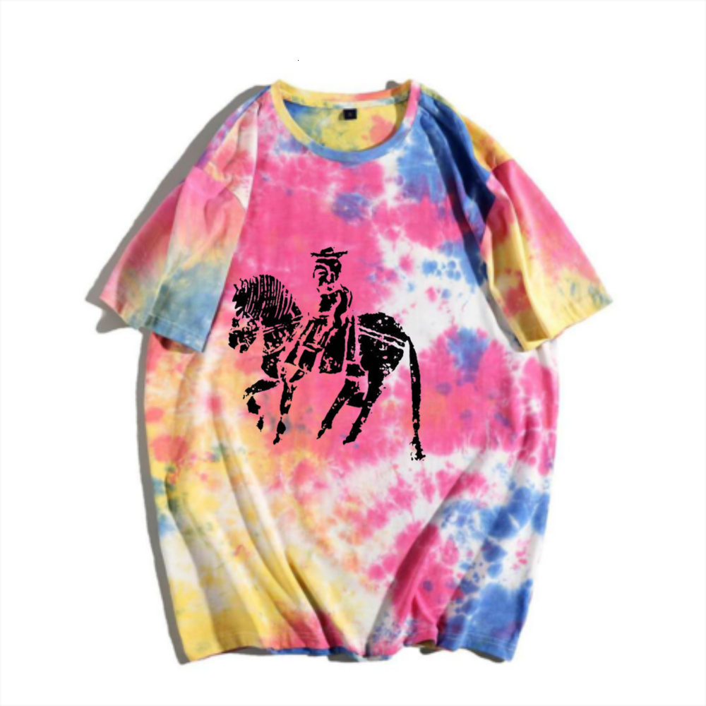 American Western style denim tie dye short sleeved T-shirt with rainbow gradient retro vintage vintage vintage, horse riding print men's summer v