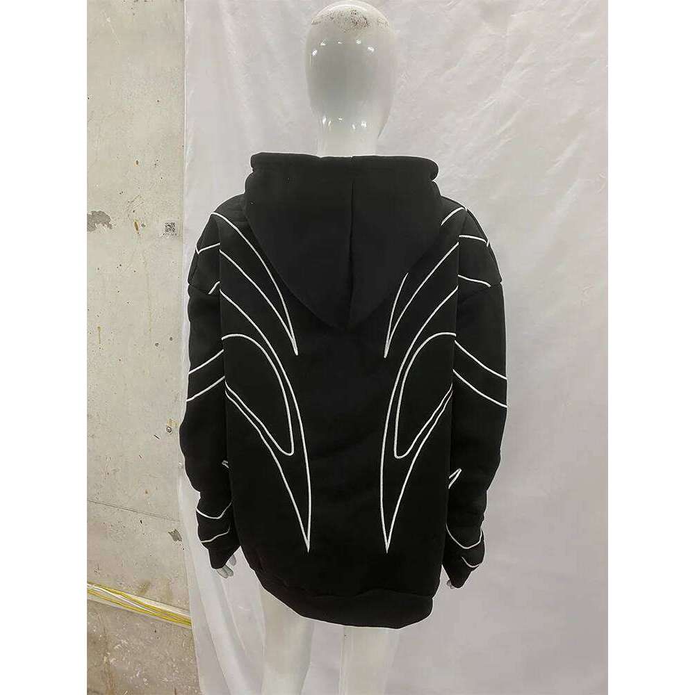 Street Retro Fashion Clothing Striped Embroidered Black Double Zipper Hoodie American Hip-hop Punk Oversized Sweatshirt women 26H0311