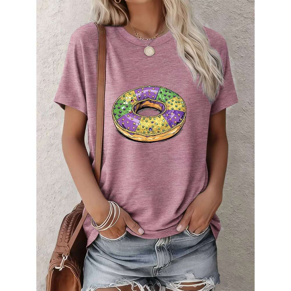 Women's Mardi Gras Short-Sleeve Tee Cartoon Carnival Food Prints For Casual Outings/Gatherings/Gifts | Multi-Color Options Z260312