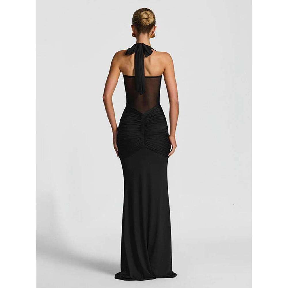 kliou Patchwork Elegant Women Maxi Dress Classic Sexy Sheer Ribbons Halter Backless Bodycon Female Trend Festival Evening Wear C260311