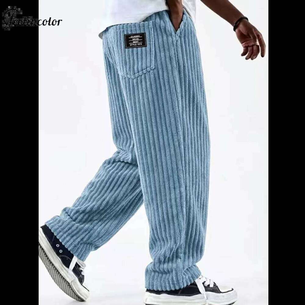 Retro Vertical Striped Men's Pants Corduroy Autumn Casual Pocket Trousers Loose Straight Bottoms Fashion Sports Male Clothing