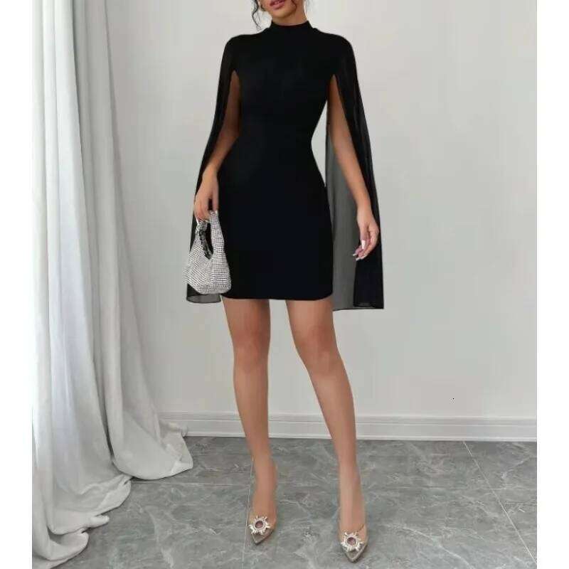 2025 Black Evening Party Dresses Women's Round Neck Pit Bar Pearl Chiffon Cloak Wrapped Hip Dress for Women Vestidos Para Mujer C260312