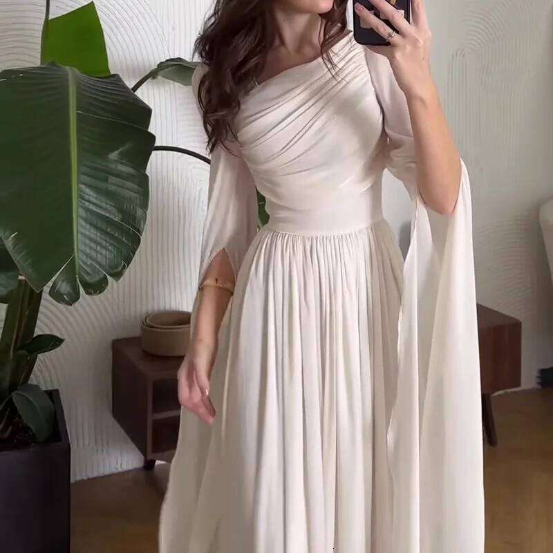 Elegant Slant Shoulder Draped Gowns Casual Split Sleeve Solid Party Women Fashion Hight Waist Slim Long Dress C260312