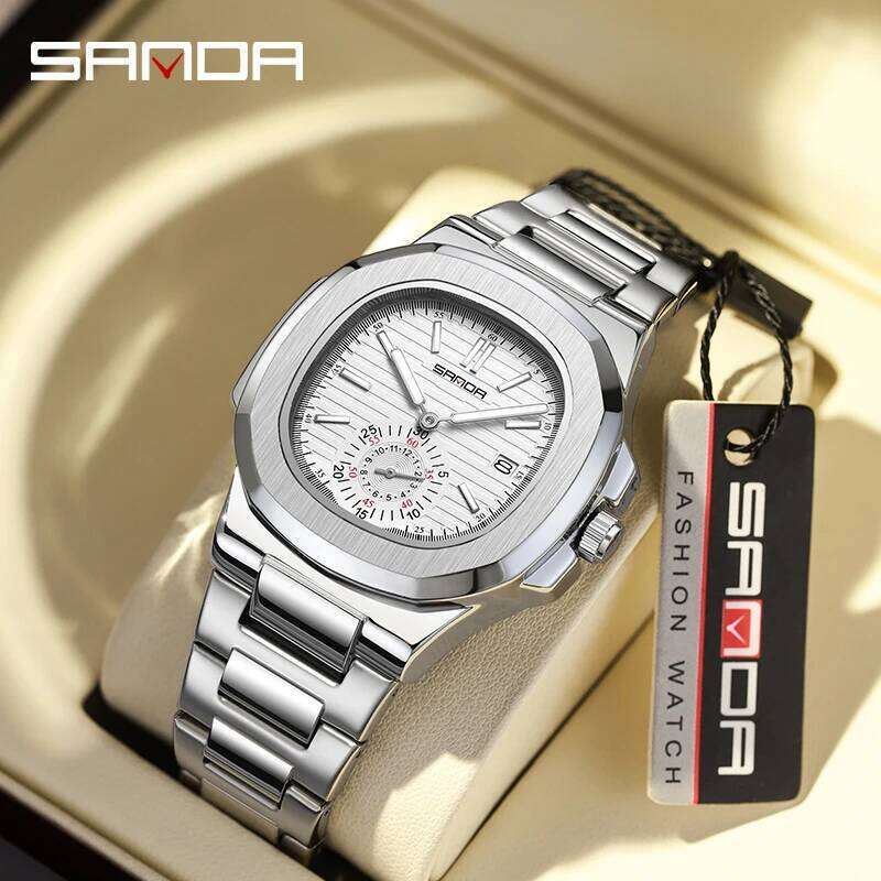 SANDA 7020 Elegant Men's Calendar Watch Unique Design Dial Stainless Steel Strap Japanese Quartz Movement Waterproof