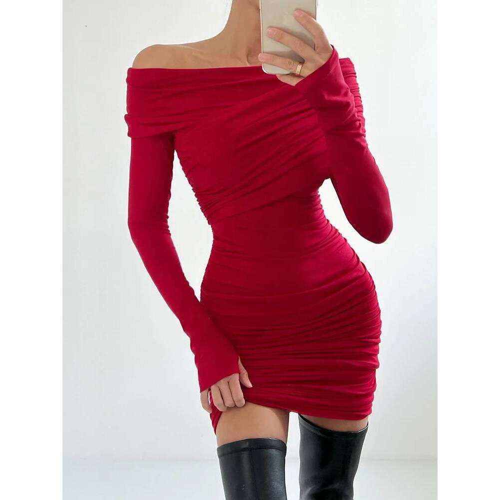 Ahagaga Elegant Fashion Sexy Maxi Dresses Streetwear Off Shoulder Casual Long Sleeve Slim Bodycon Party Vestidos Robes Female C260311