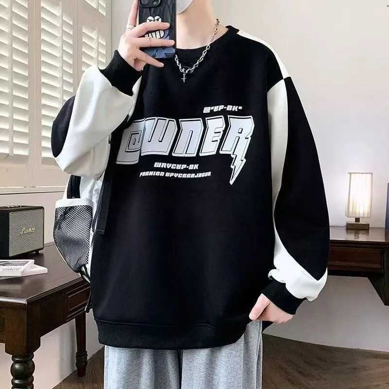Autumn Mens Loose Sweatshirt M-6XL Korean Trendy Long Sleeve T-shirt Fashion Mens Clothing Black O Neck Harajuku Top New M260312