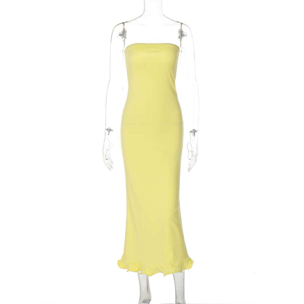 Hugcitar Elegant Solid Strapless Ruffles Sexy Bodycon Maxi Prom Dress Summer Women Fashion Y2K Outfit Birthday Party Festival C260312