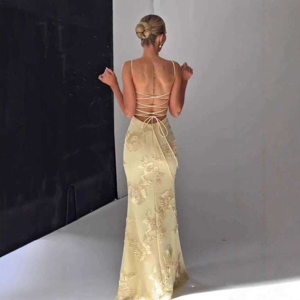 Mingmingxi Women Maxi Backless Sexy 3D Floral Embroidery Mermaid Gown Yellow Formal gala Prom Party Dress Long C260312