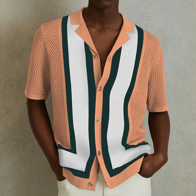 Summer Men Hollowed-out Knitted Polo Shirt Short Sleeve Patchwork Cuban Collar Trendy Cardigan Hawaiian Beach Holiday Knitwear 260311