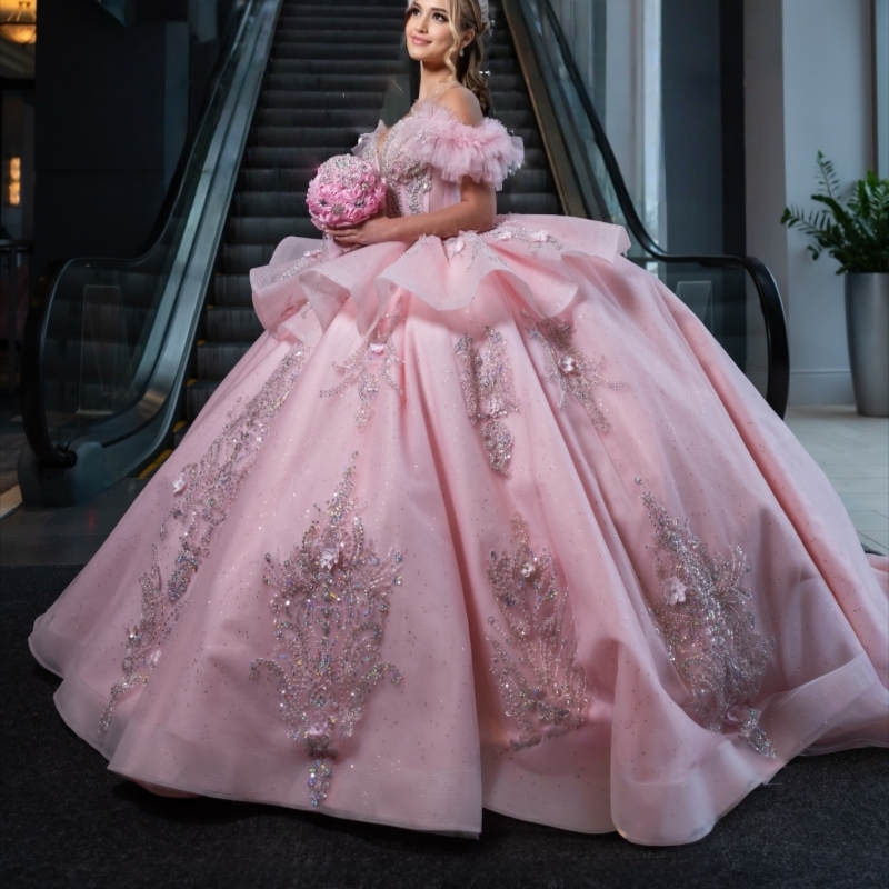 Pink Shiny Ball Gown Quinceanera Dresses 2026 Sequin Applique Lace Beading Crystal Tull Corset Off Shoulder Sweet 16 Dress Years Vestidos De 15 Anos