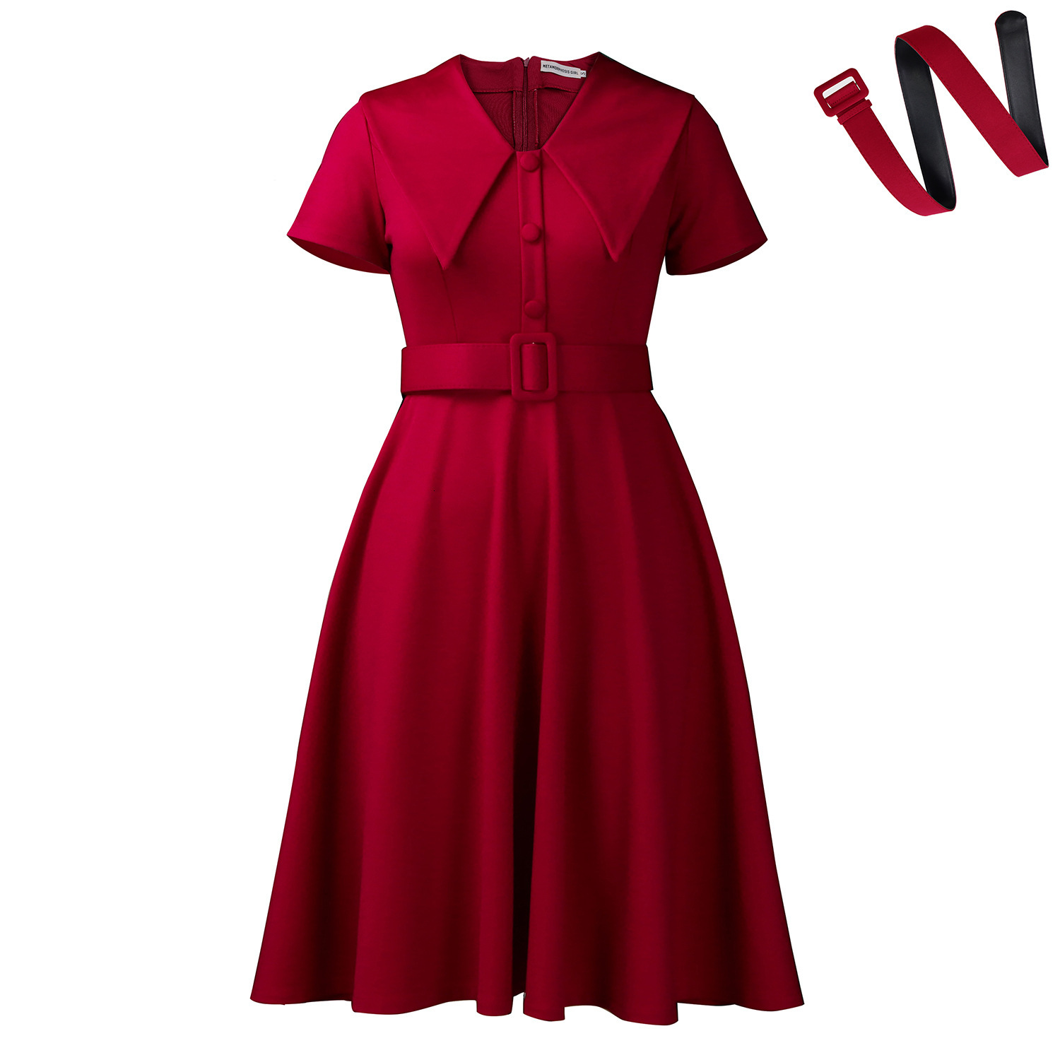 D588 Womens Fashionable Elegant Doll Collar Short Sleeve Stretchy Large Hem Dress