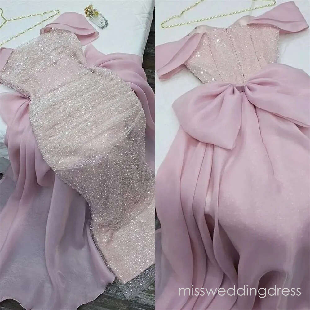 Elegant Pink Mermaid Evening Dress 2026 Off-the-shoulder Sequins Beads Organza Women Prom Formal Gowns Vestidos Feast Robe De Soiree M12