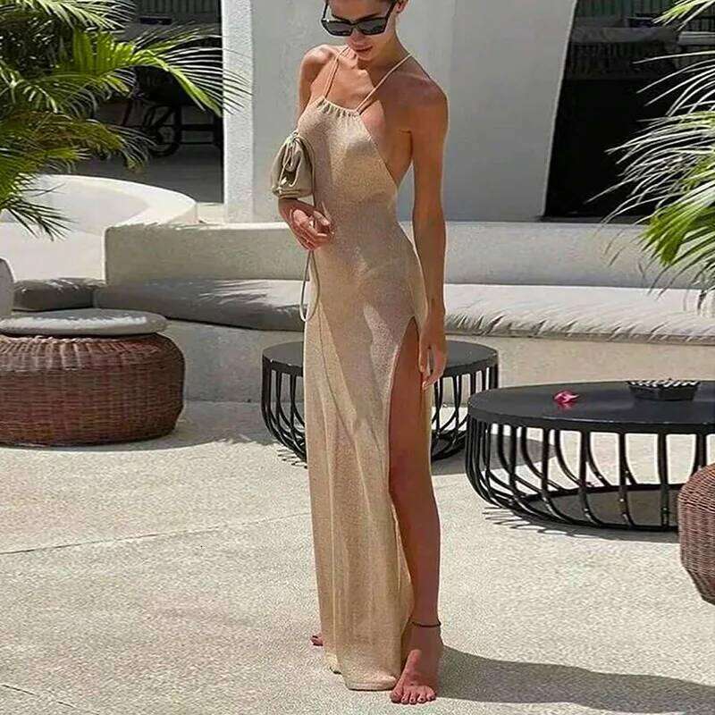 2025 Spring And Summer Hot Style Double-sided High-slit Sexy Suspender Beautiful Back Solid Color Knitted Beach Dress C260311