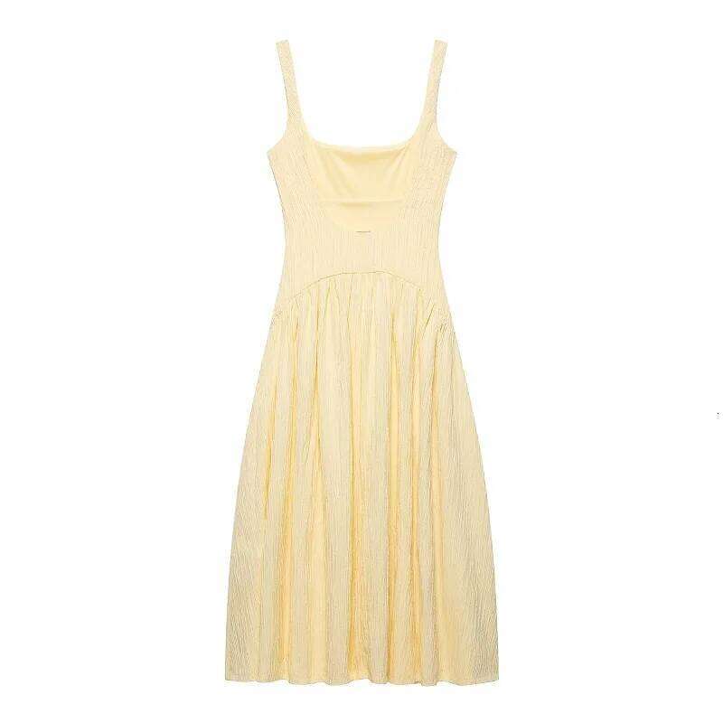 MUJER 2025 Pleated Long Woman Yellow Slip Midi Sexy Backless Dresses for Women Chic Beach Women's Summer Dress C260312