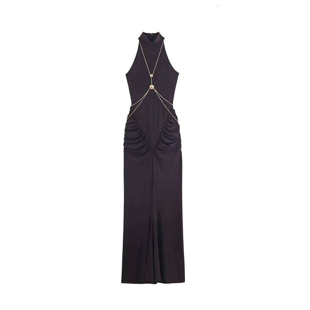 TFMLN Women's Chain Halter Long Dresses Slim Fit Sleeveless Pleated Waist-cinching Party Sexy Ladies Club Maxi Dress C260312