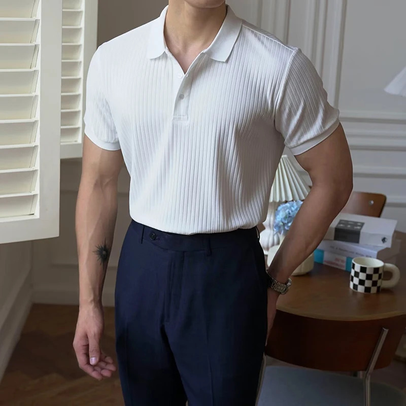 Vertical Stripe Knit Polo Mens Shirts Summer Slim Solid Color Breathable Turn-Down Collar Business Short Sleeve Polo Tops 260311