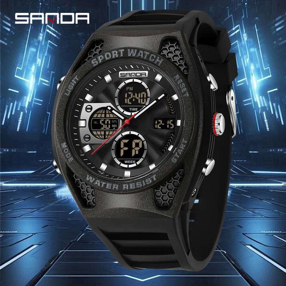 Sanda 3384 Top Sports Electronic Quartz Waterproof Timing Multi functional Military Men's Watch