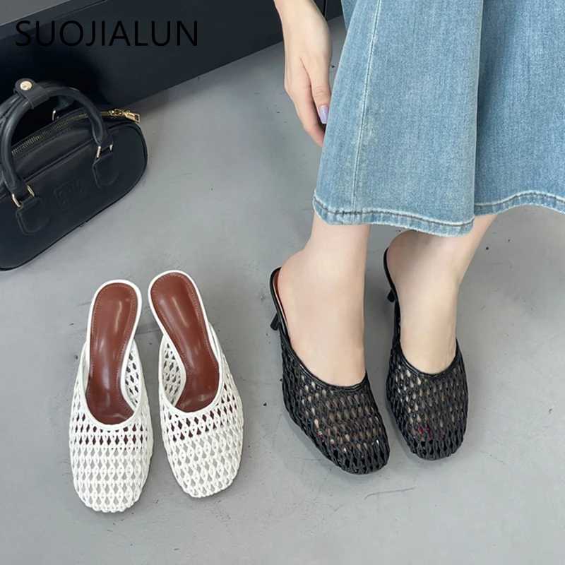 SUOJIALUN 2025 New Women Slipper Ladies Elegant Round Toe Slip On Mules Shoes Fashion Weave Thin High Outdoor Dress Sandal K260312