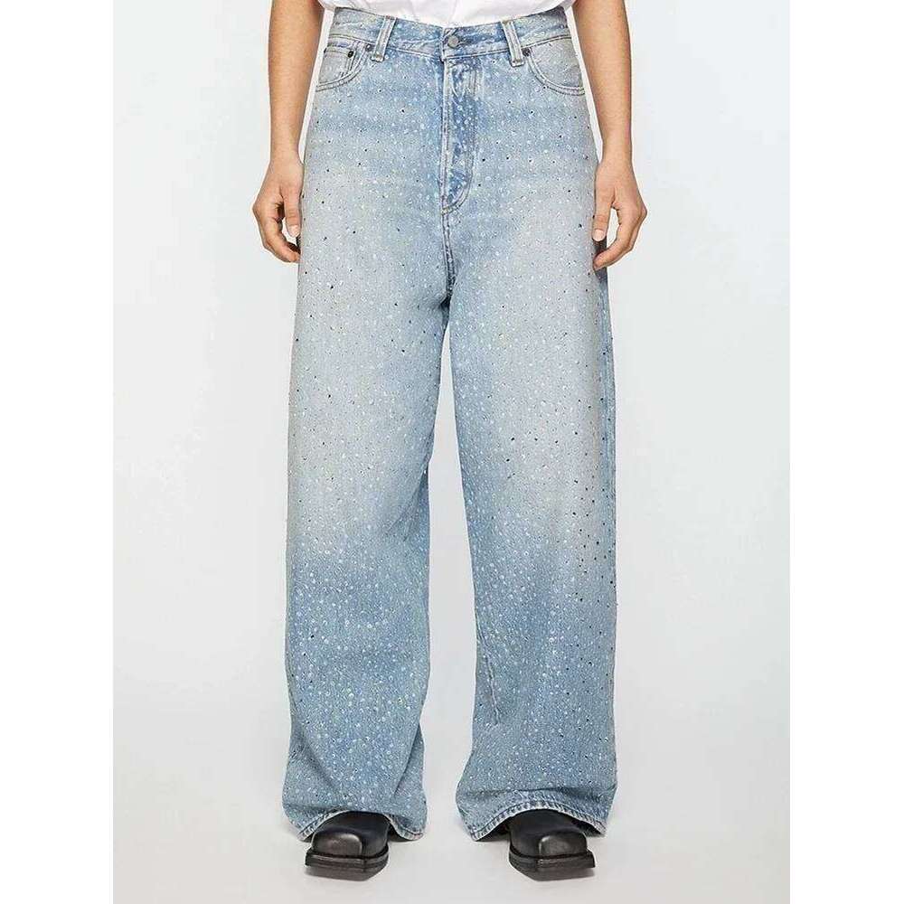 Full Rhinestone Print Washed Blue Baggy Jeans Mens and Women Ropa Hombre Streetwear Solid Casual Denim Trousers Loose Cargos 26Y0312