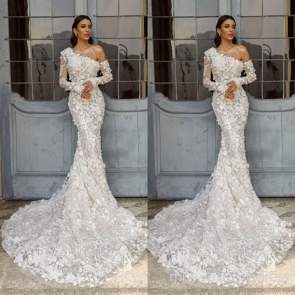 Elegant Wedding Dress One Shoulder Mermaid Bridal Gowns Flowers Long Sleeves Lace Appliques Bride Dresses Backless Customized Vestido de novia