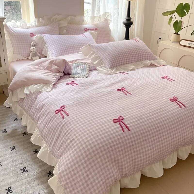 2025 spring and summer new Korean bow four-piece princess style lace washed cotton girl heart pink H260312