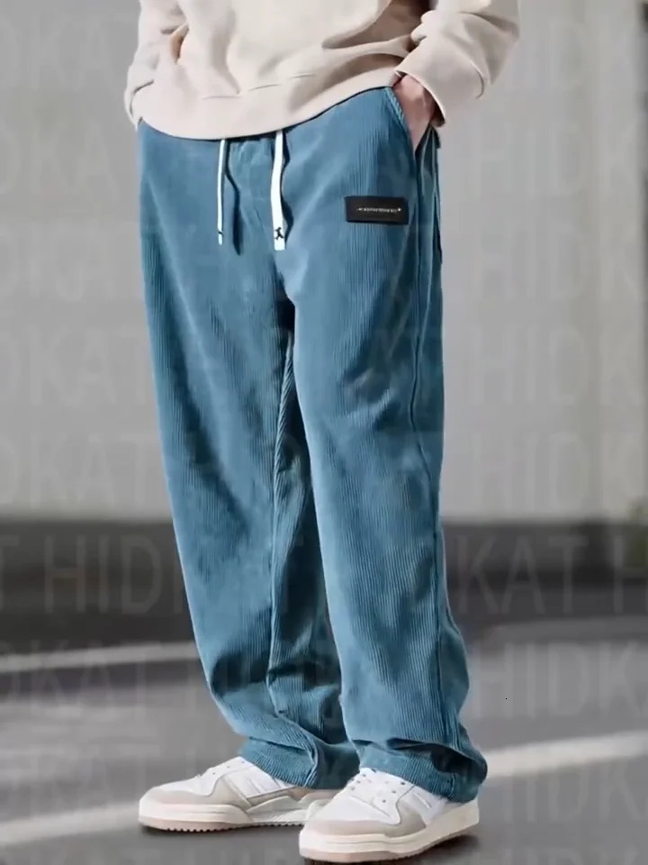 Autumn Winter Mens Casual Pants Striped Corduroy Loose Fashion Cargo Straight Pants Fitness Sports Hip Hop Pants 260311