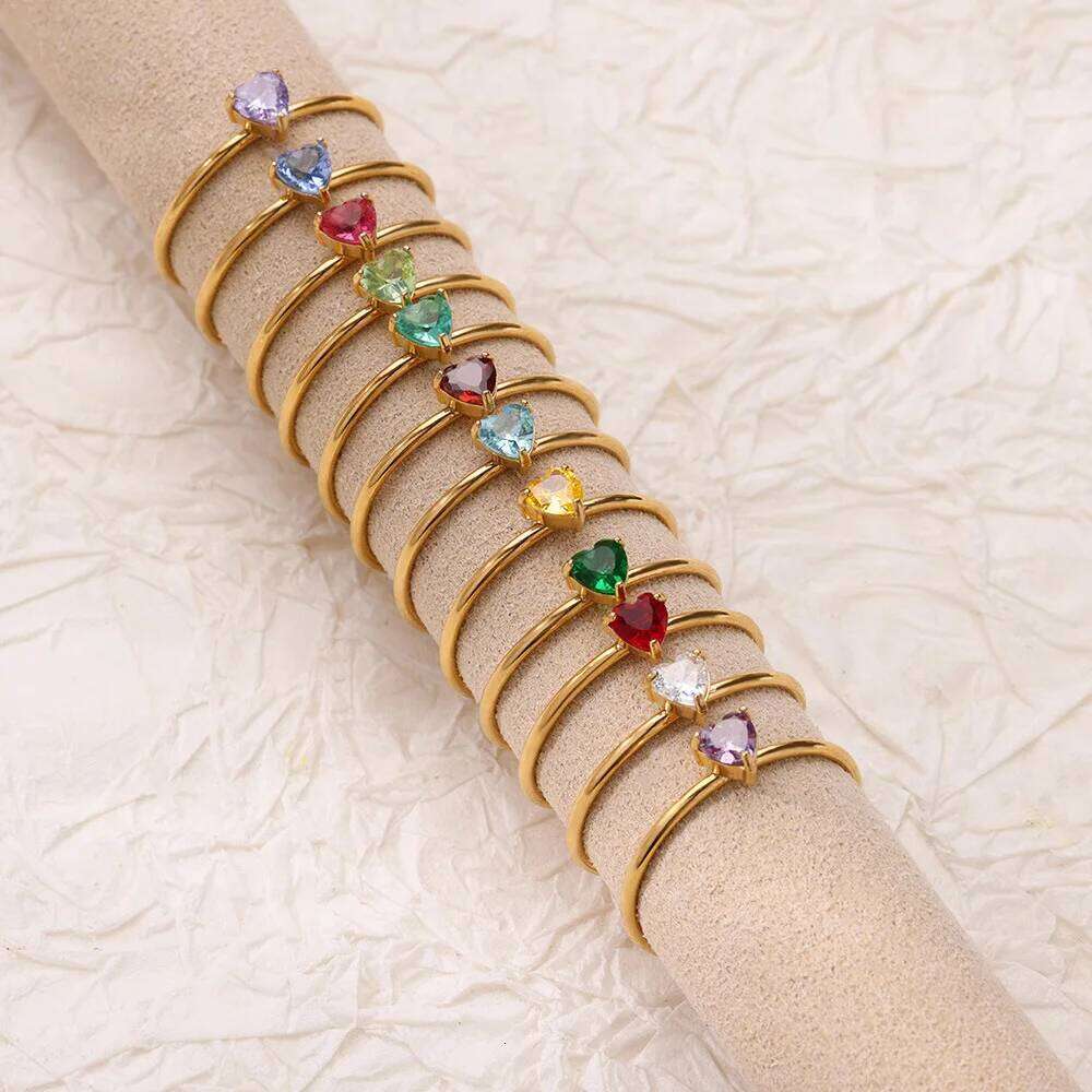 Zircon Rings For Women Gold Color Adjustable Stainless Steel Birthstone Heart Ring Wedding Jewelry Gift BFF H260312