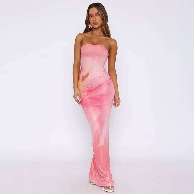 Women's Floral Print Backless Strapless Summer Party Holiday Vacation Beach Streetwear Fashion Sleeveless Long Dress C260312
