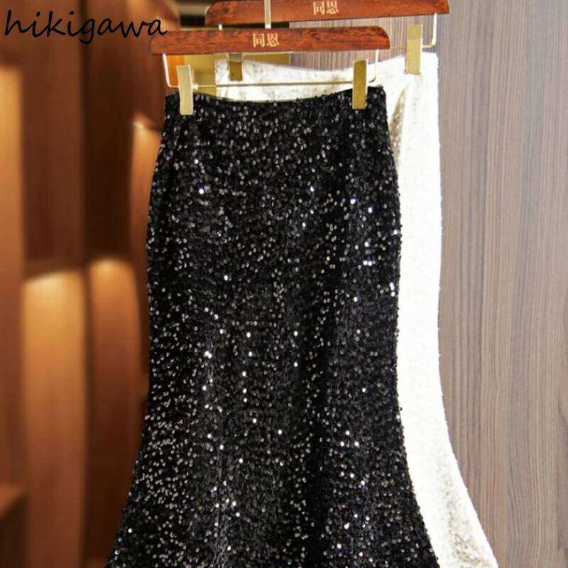Sequined Bodycon Fishtail Skirt For Women High Waist Tunic Jupe Faldas Mujer De Moda Fashion Saia Korean Black Y2k Skirts WONST WONST
