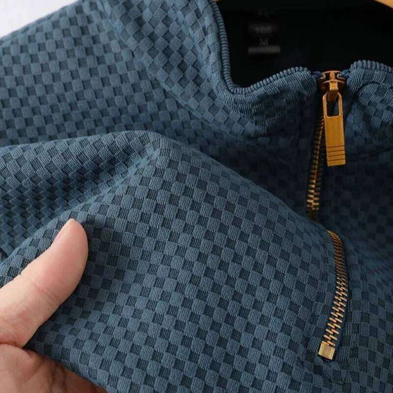 Top Quality Geometric Jacquard Sweater Men's Zippered Standing Neck Long Sleeved T-Shirt Autumn New Fashion Brand Loose Pullover