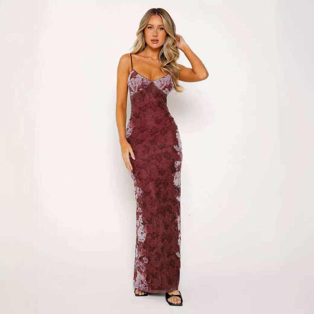 S32138 European and American New Long Vacation Style Elegant Slim Fit Printed Design Camisole Dress Women's Clothing
