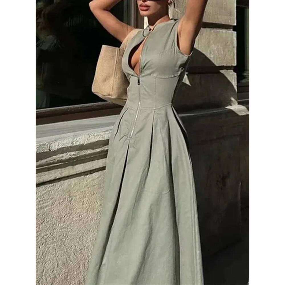 MUJER Zipper Long Woman Pleated Sleeveless Bodycon Dress Summer Elegant Party For Women 2025 New Midi Dresses C260312