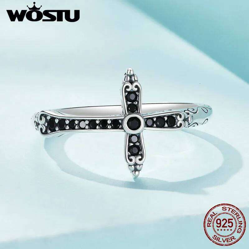 WOSTU Vintage 925 Sterling Silver Black Zircon Cross Rings For Women Retro Punk stackable Ring Hip Hop Jewelry Gift CQR930 H260312
