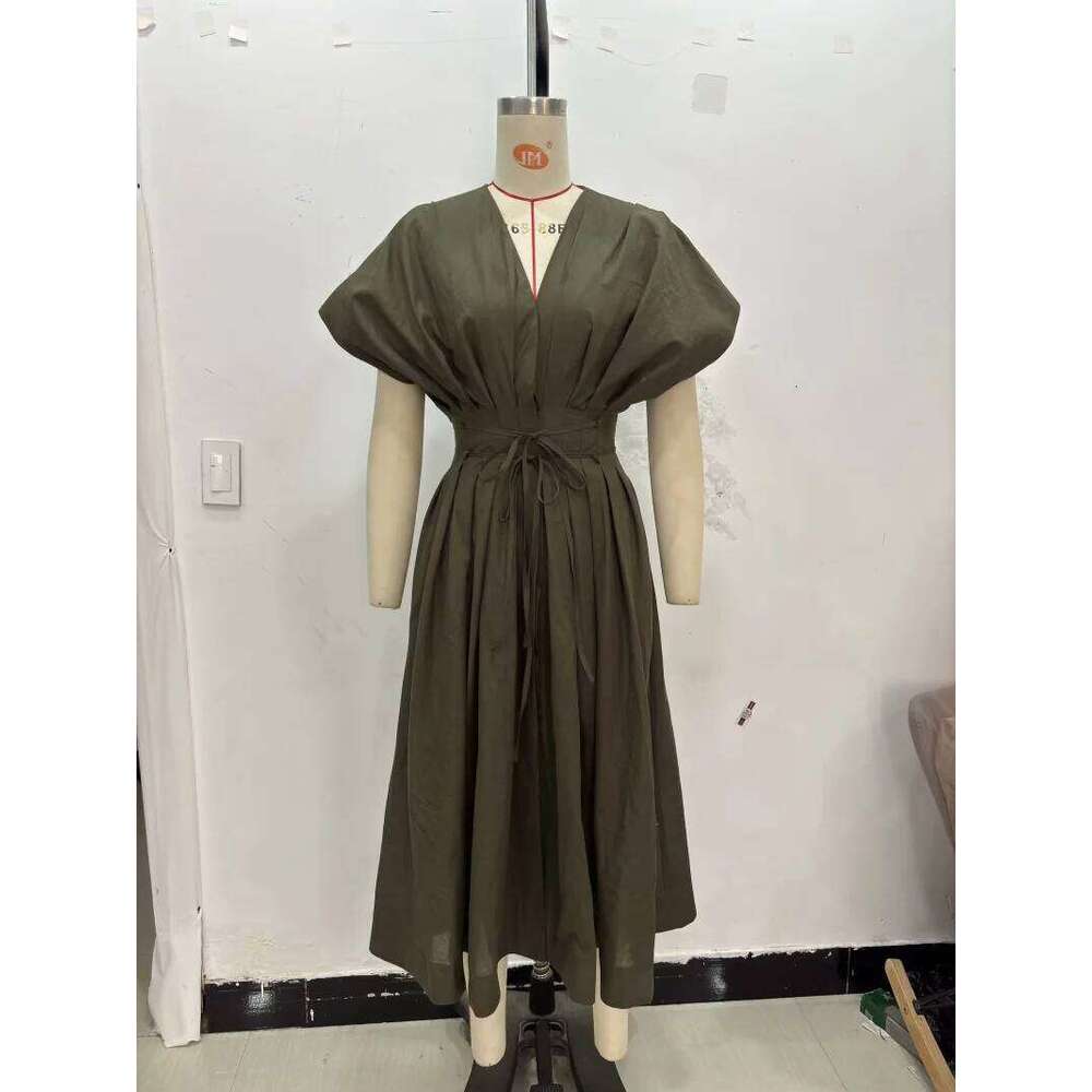 ETJ Summer 2025 women's elegant party Vintage V-neck fashion pleated lace-up MIDI poplin dress C260311
