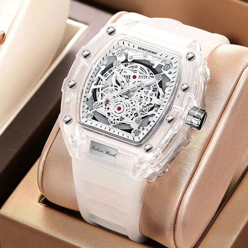 Fashionable Casual Men's Luminous Calendar Function Silicone Strap Tonneau Shaped Transparent Case Men Quartz Watch Reloj