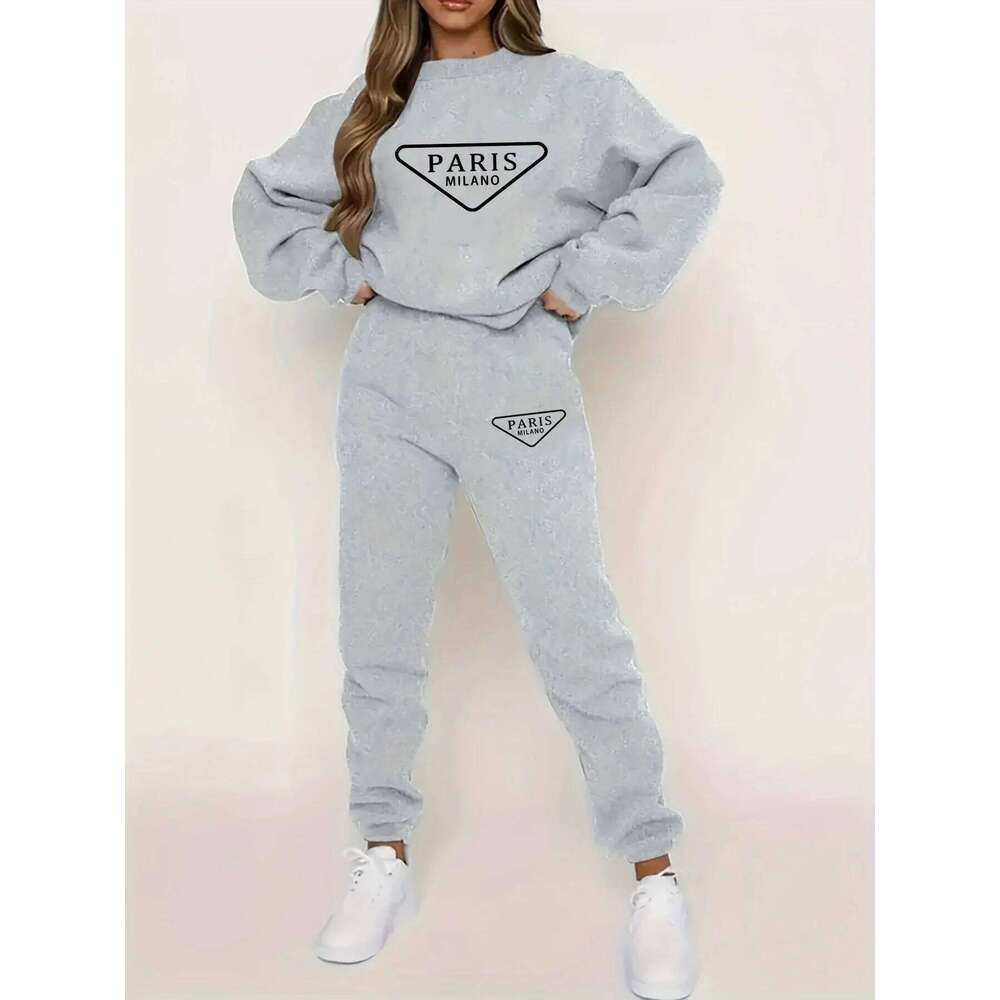 Women's autumn and winter hip-hop casual street party graphic printed round neck sports shirt+sports pants set warm clothing C260312